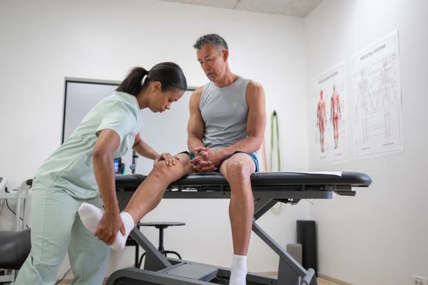 A physical therapist works on a patient's leg.